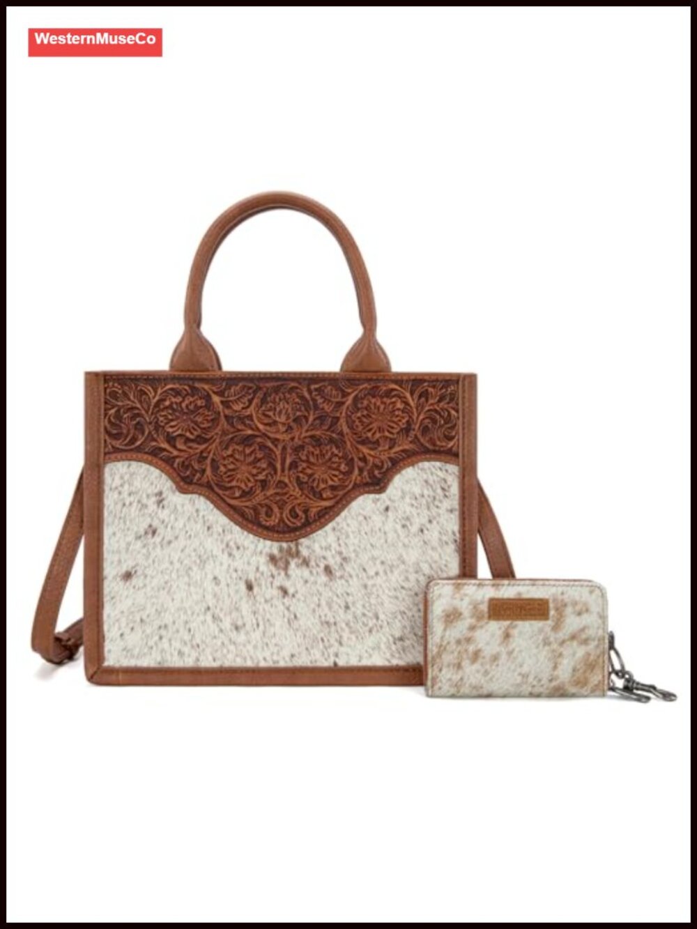 Hair On Cowhide Floral Tooled Western Tote Bag Zip Top Handbag